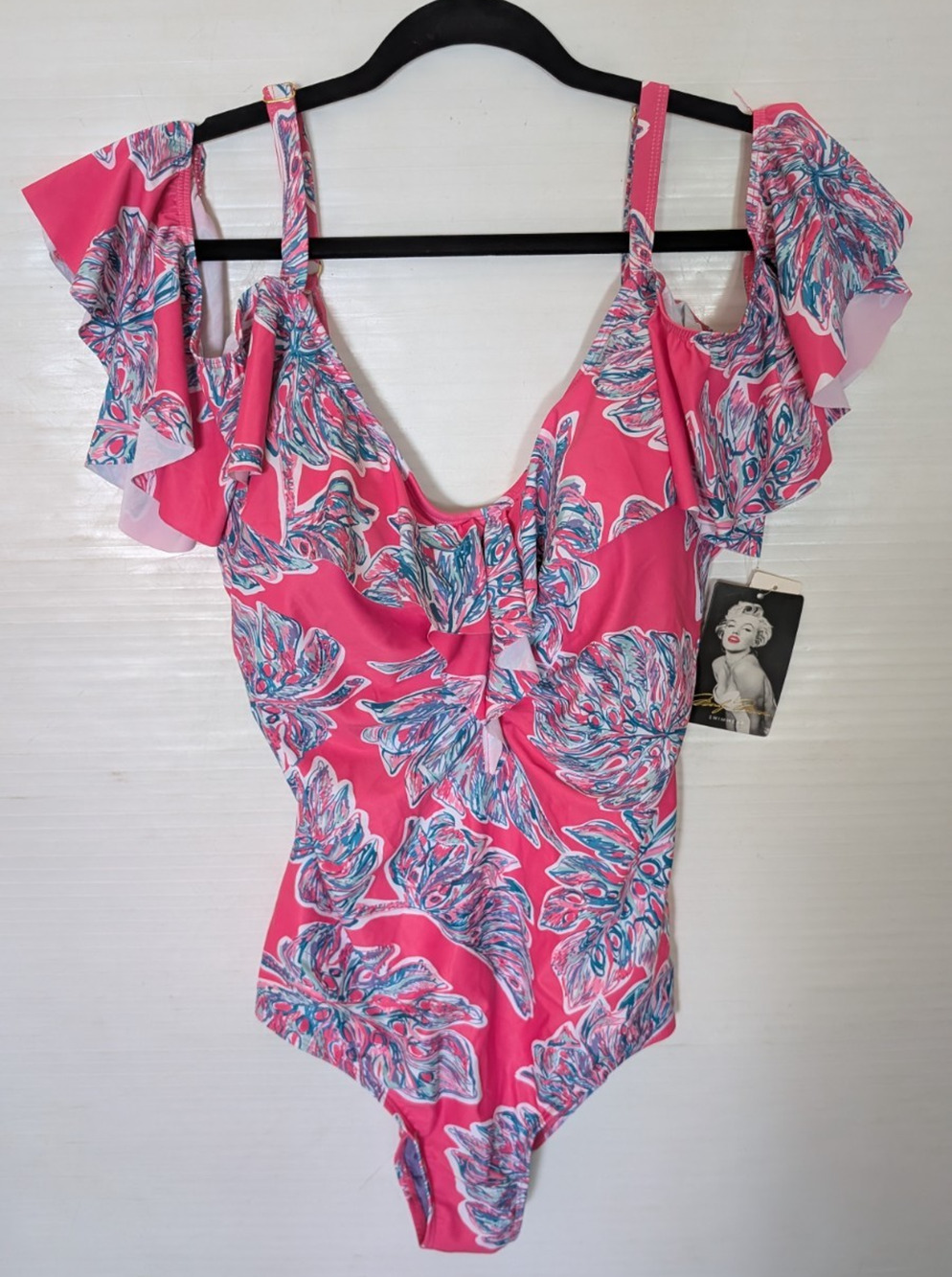 Marilyn Monroe Swimwear One Piece Swimsuit Cold Shoulder Pink Palms 2X NWT